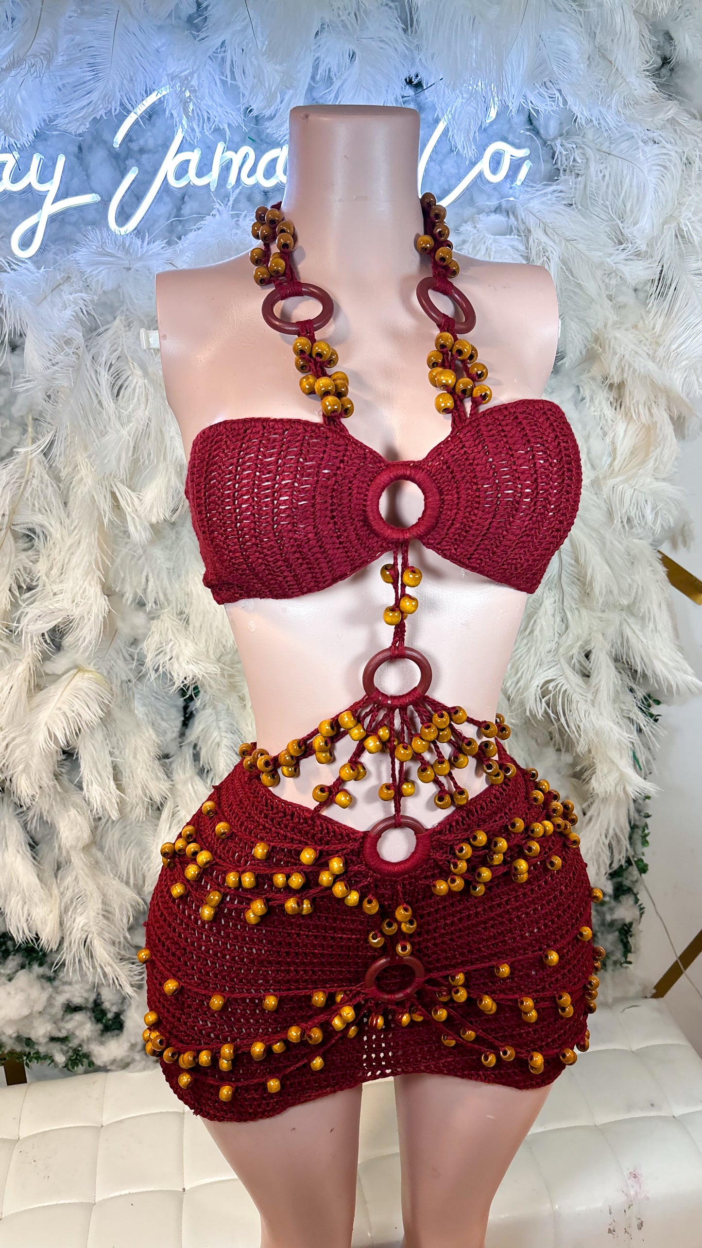READY TO SHIP Bali Babe Beaded Knitted Mini Dress - Burgundy