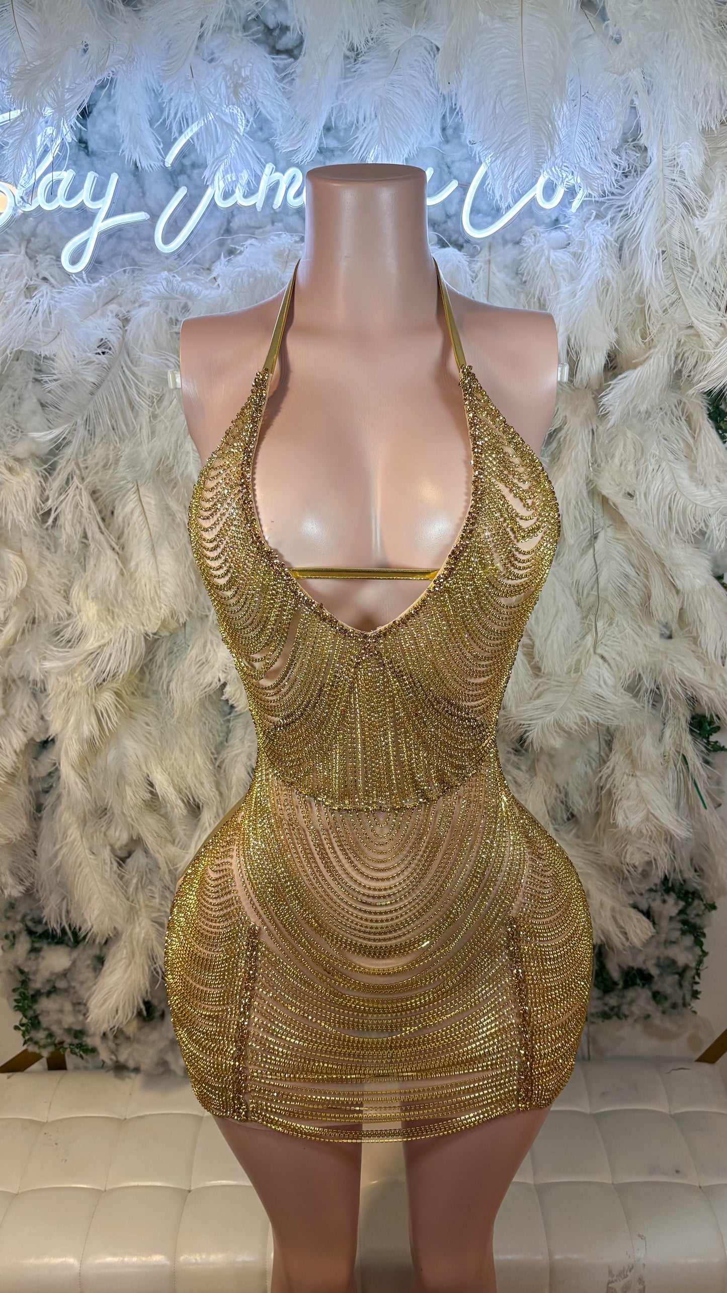 Preorder Only Keep Them Talking Chain Luxe Mini Dress - Gold