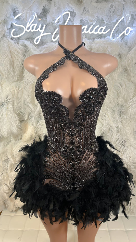 PREORDER ONLY Fine Wine Feather Luxury Rhinestone Dress- Black