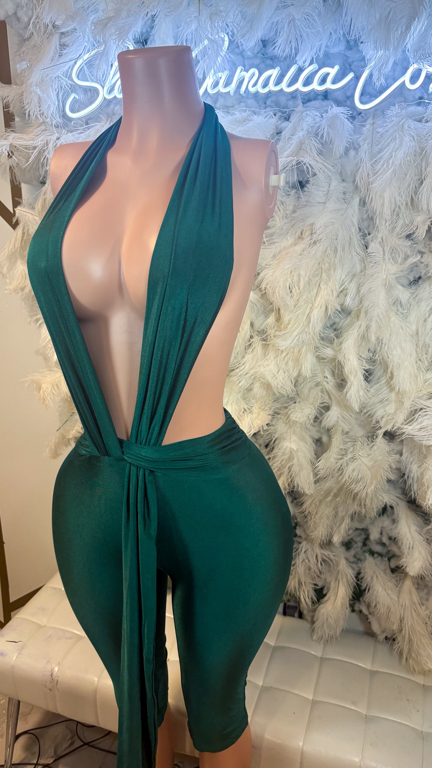 Temptation Aura Twisted Halter Romper- Hunter Green