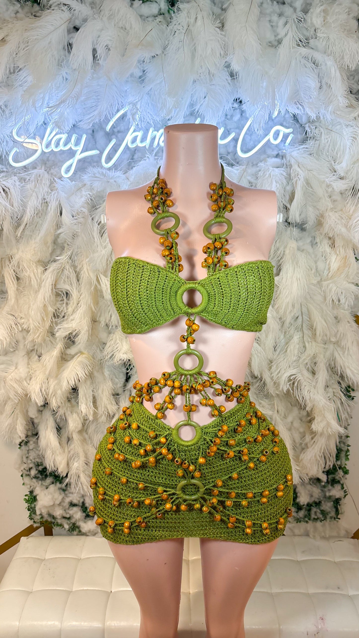 READY TO SHIP Bali Babe Beaded Knitted Mini Dress - Green