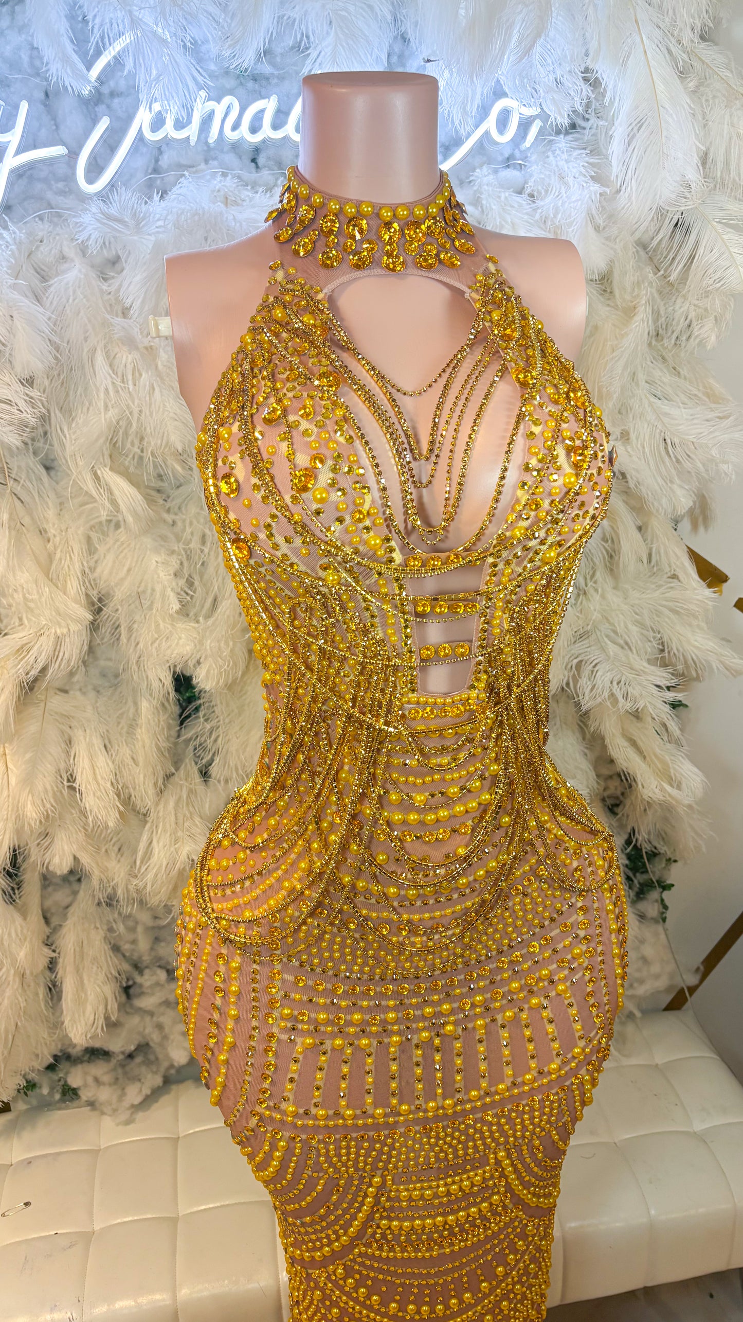 Moonlight Dreams Rhinestone Chain Mesh Maxi Dress -Gold