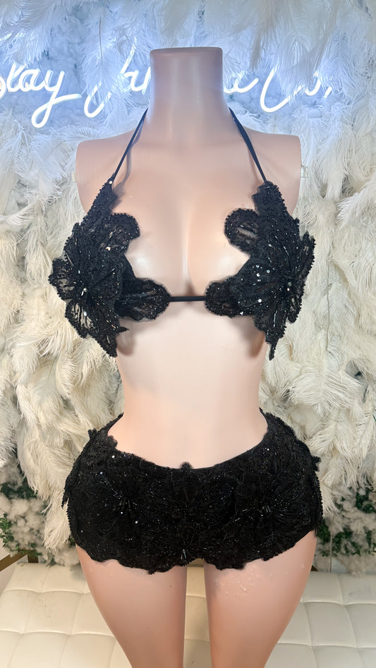 READY TO SHIP Seychelles Doll Floral Sequin Shorts Set - Black