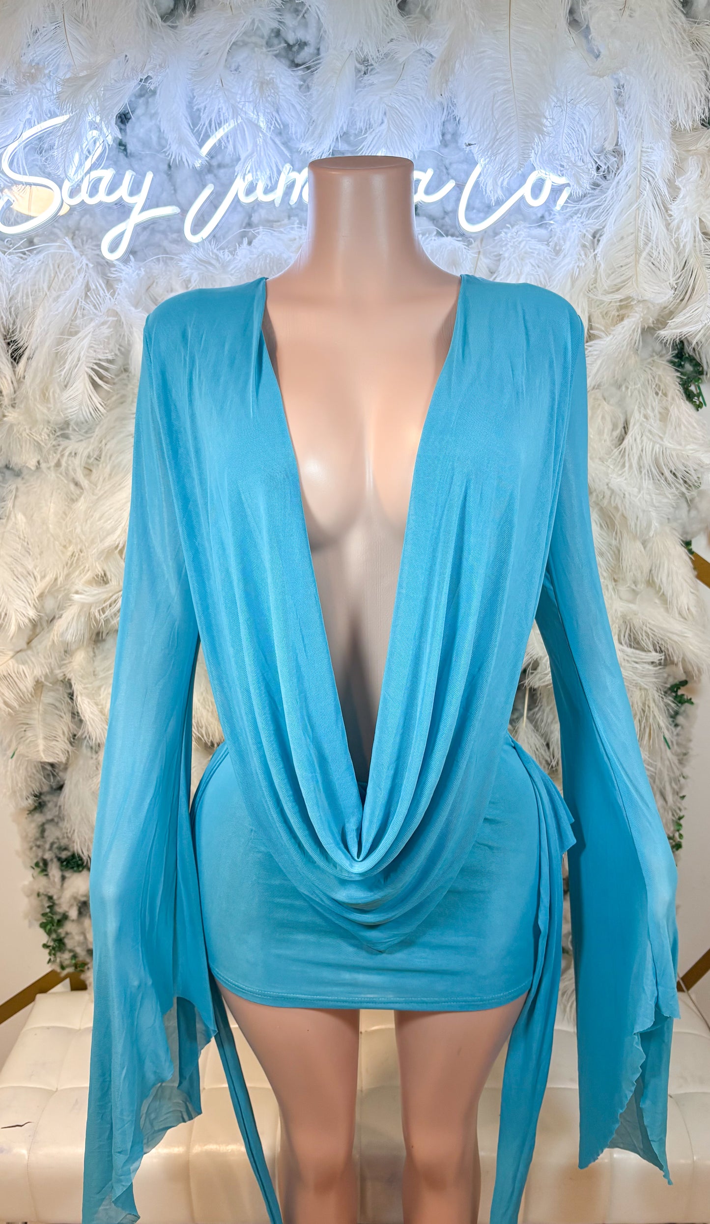 Her Main Attraction Draped Mesh Dress - Aqua Blue