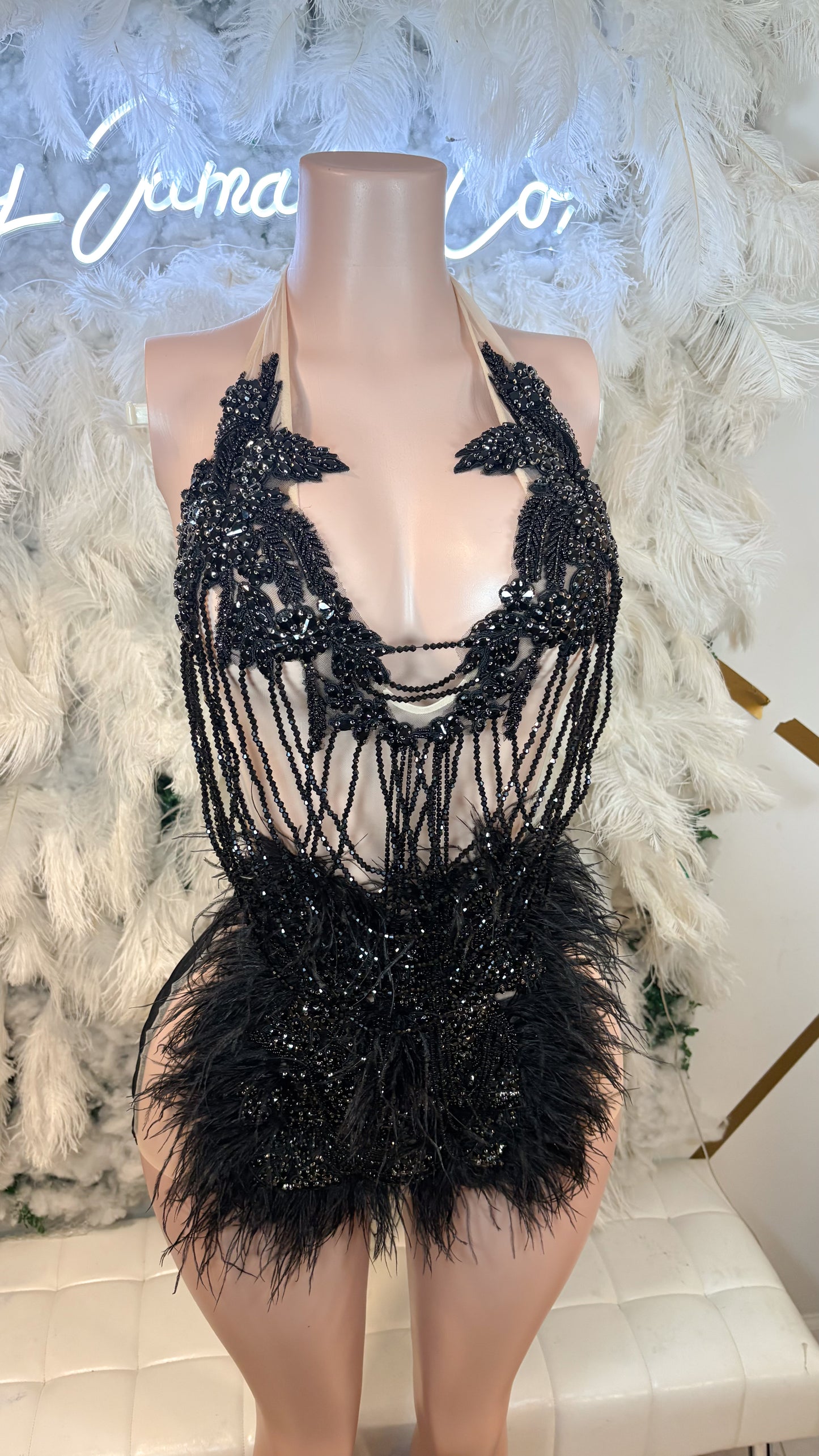 READY TO SHIP The Baddest Of Them All Feather Rhinestone Mini Dress