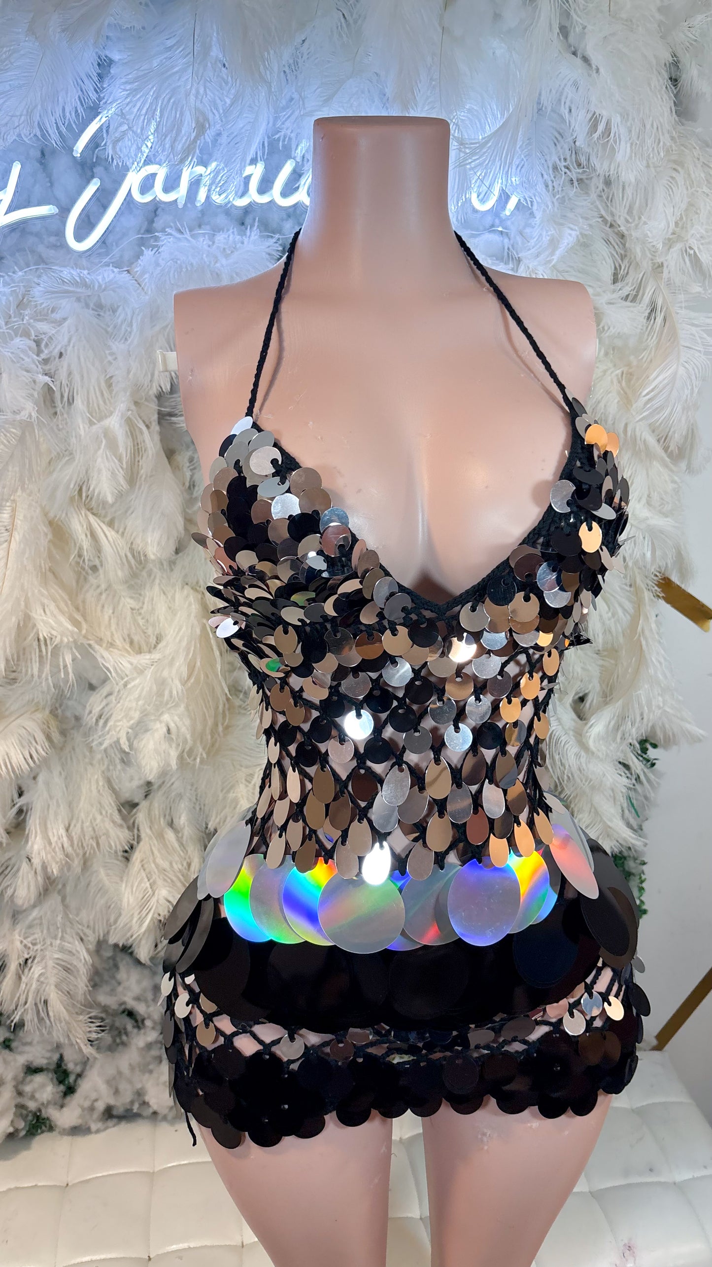 READY TO SHIP Bottles And Lights Knit Assorted Sequin Mini Dress - Black Silver Mix