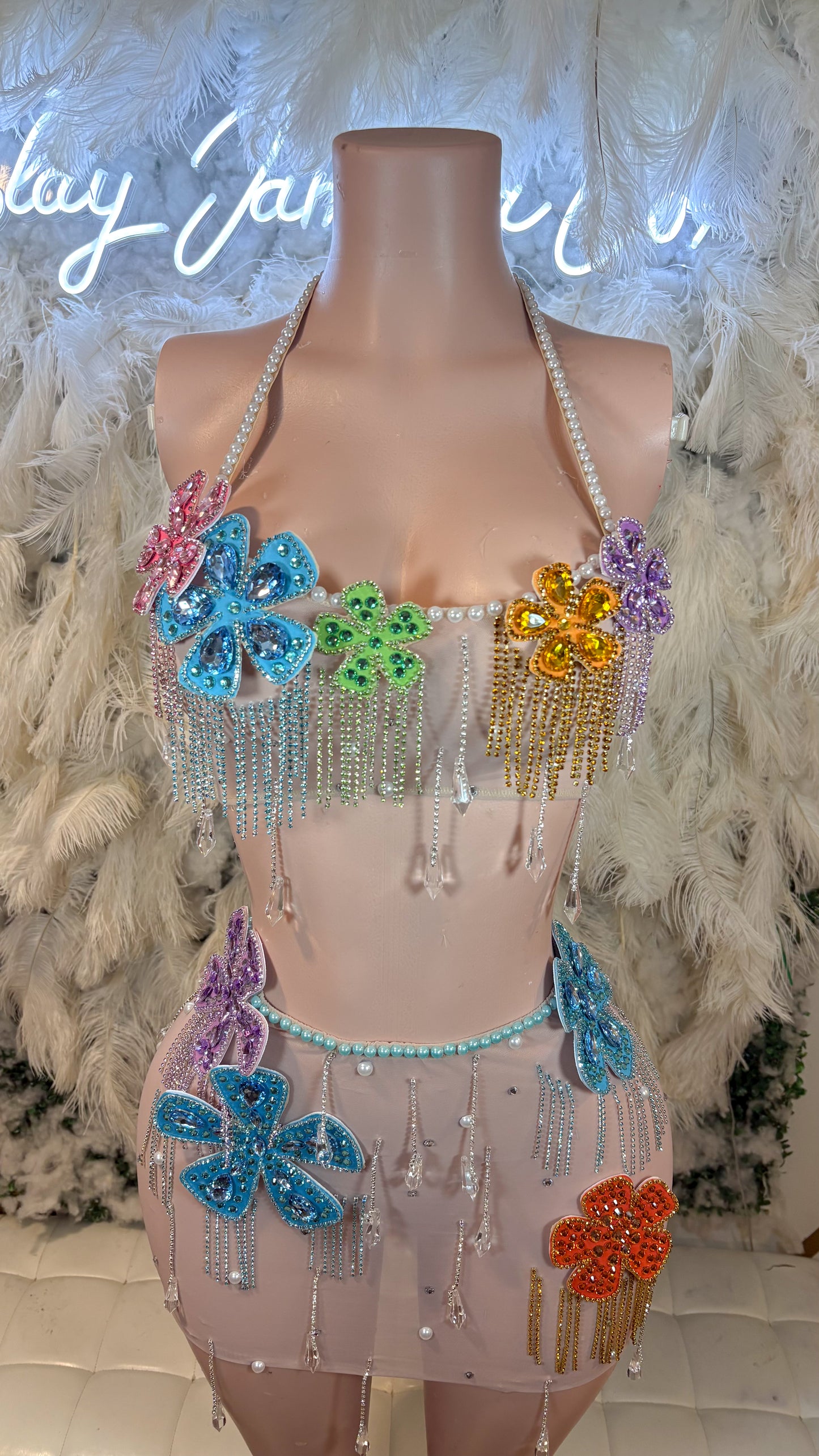 Shimmery Lights Mesh Rhinestone Skirt Set
