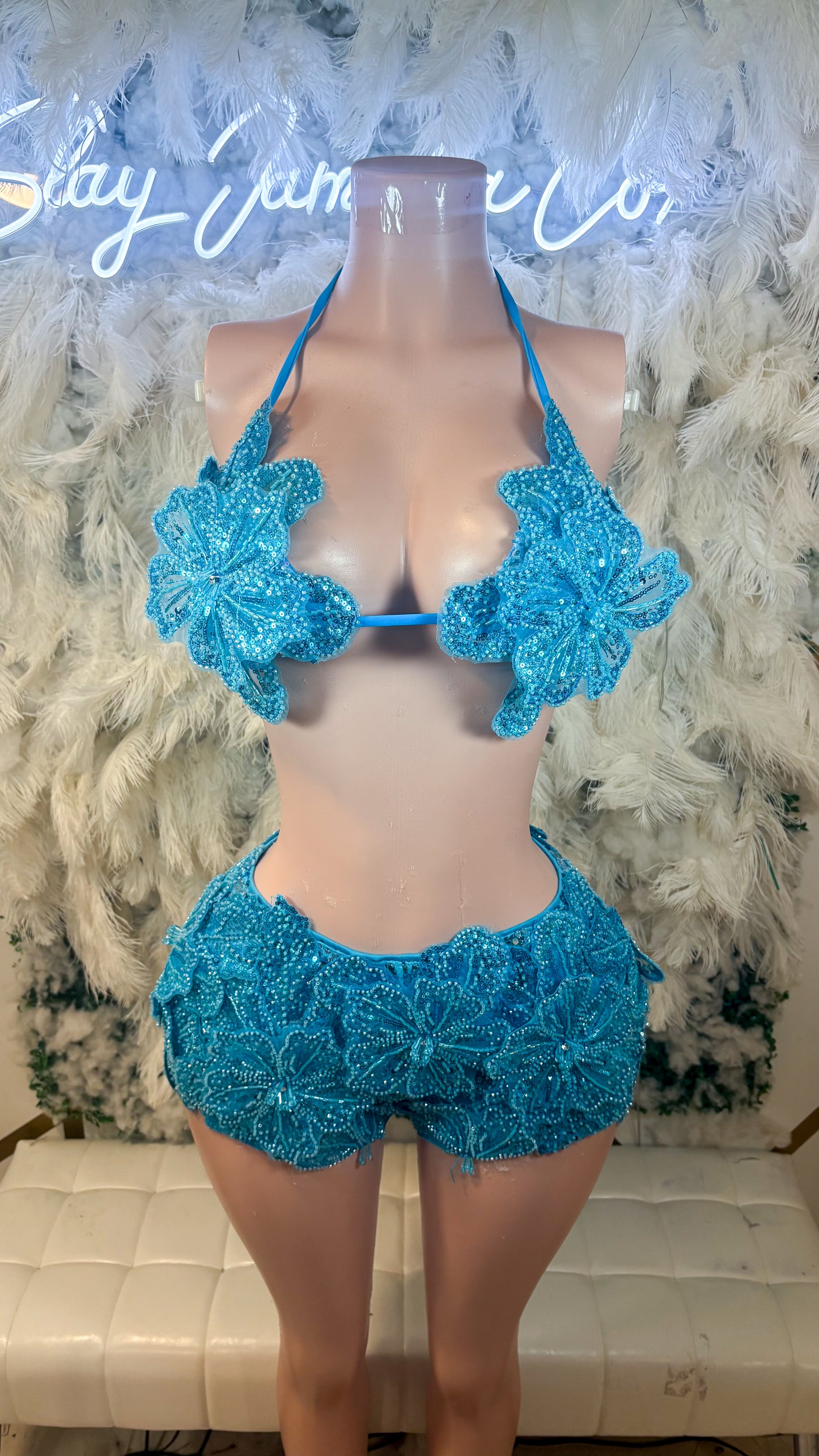 Seychelles Doll Floral Sequin Shorts Set - Aqua