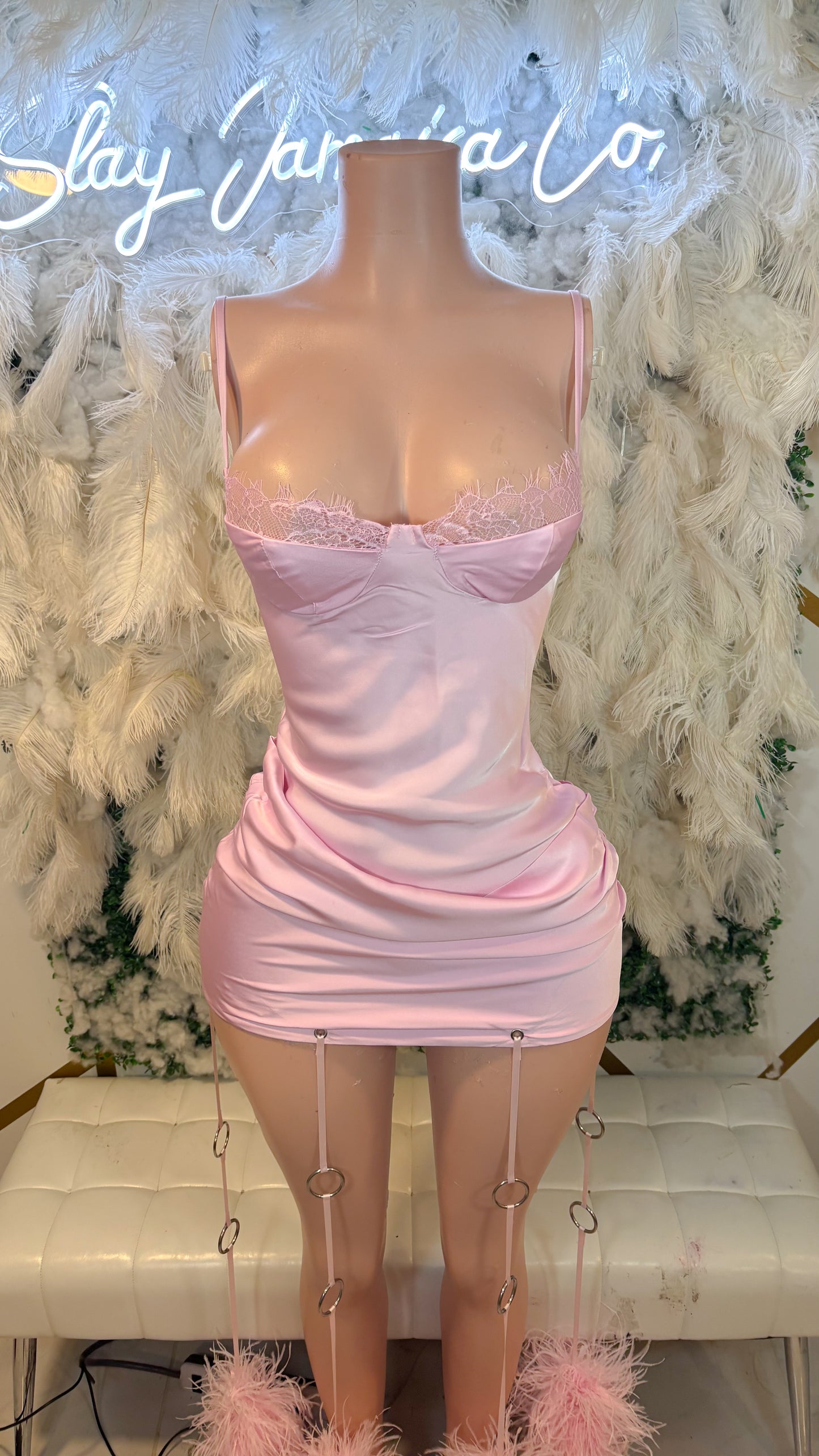 Her Way Always Satin Lace Mini Dress W/ Ostrich Feather Puffs -Fairy Pink