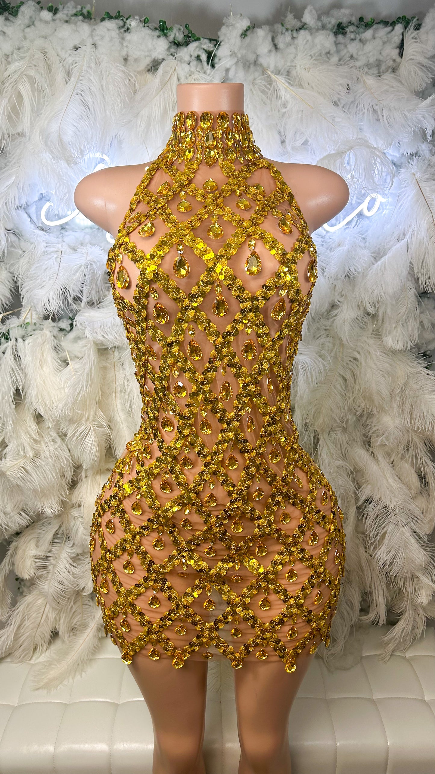 PREORDER ONLY  Diamond Lifestyle Luxe Sequin Gem Mesh Dress- Gold