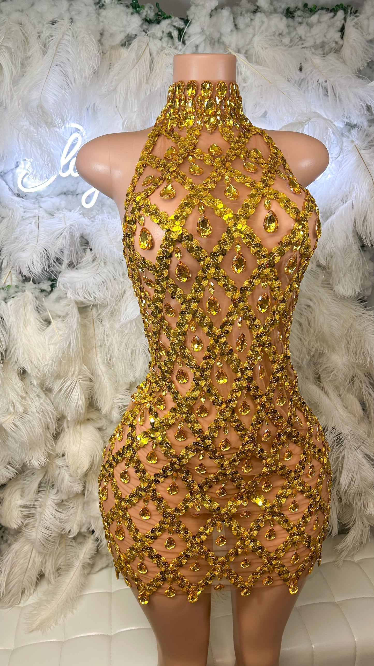 PREORDER ONLY  Diamond Lifestyle Luxe Sequin Gem Mesh Dress- Gold