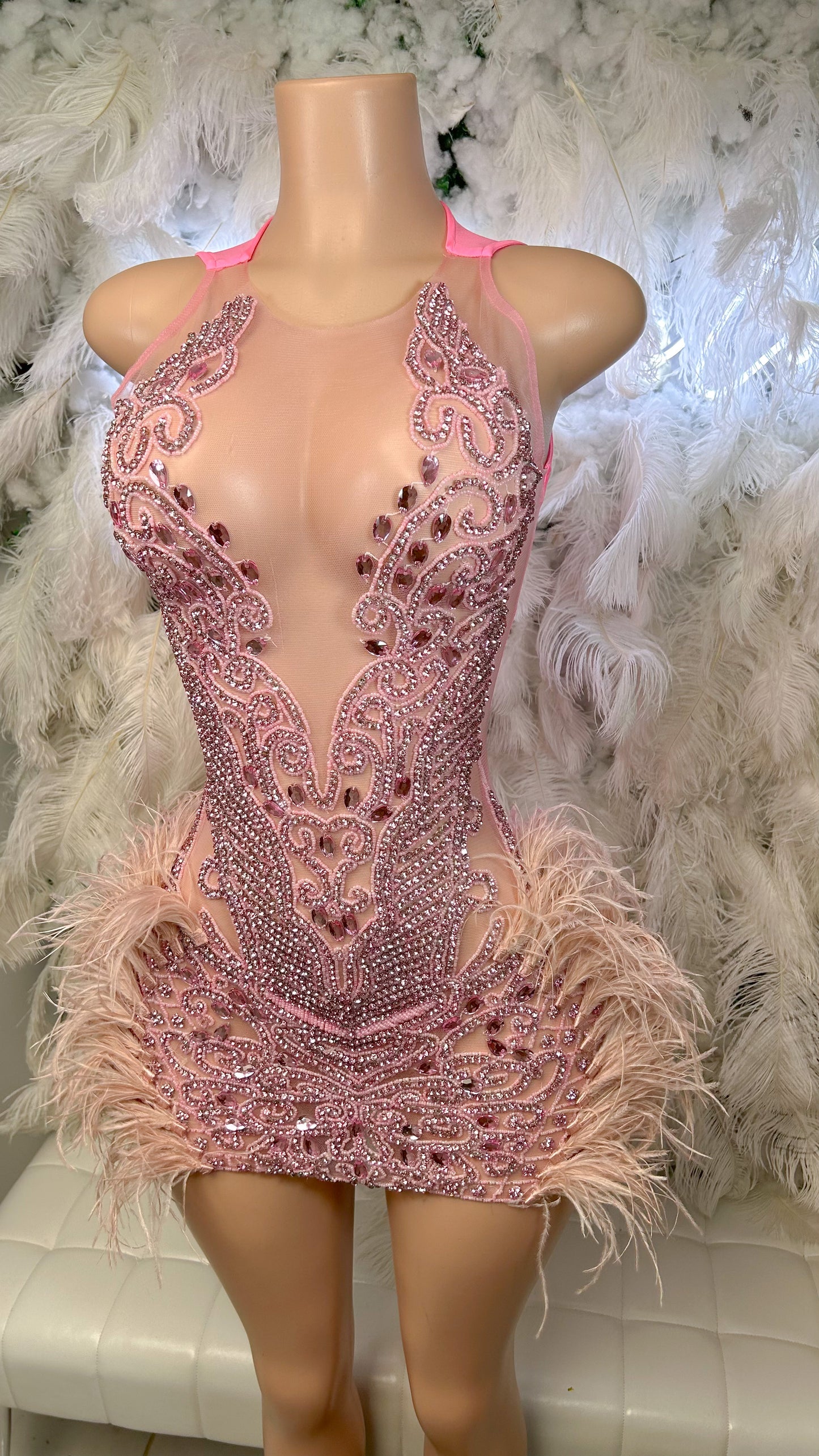 PREORDER ONLY Pretty In Pink Rhinestone Feather Mini Dress