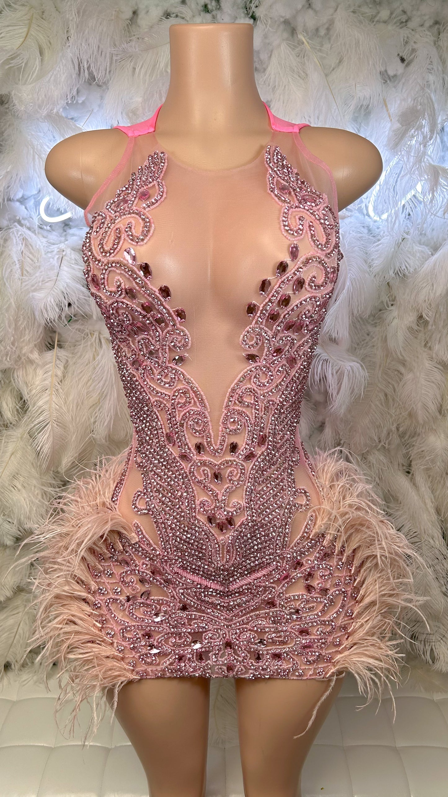 PREORDER ONLY Pretty In Pink Rhinestone Feather Mini Dress