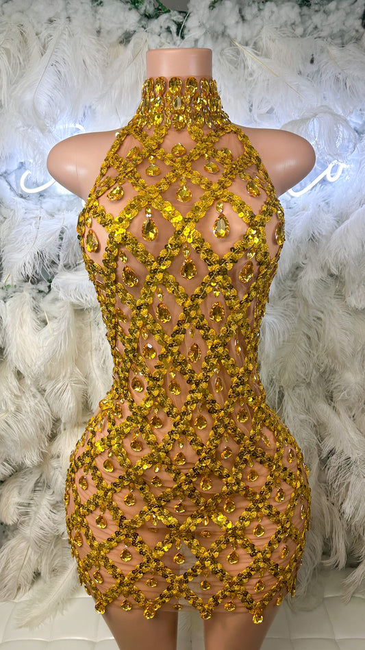 PREORDER ONLY Diamond Lifestyle Luxe Sequin Gem Mesh Dress- Gold