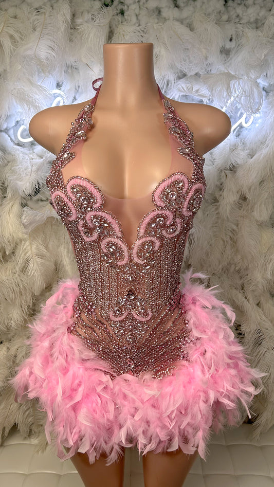 PREORDER ONLY Fine Wine Feather Luxury Rhinestone Dress-Pink