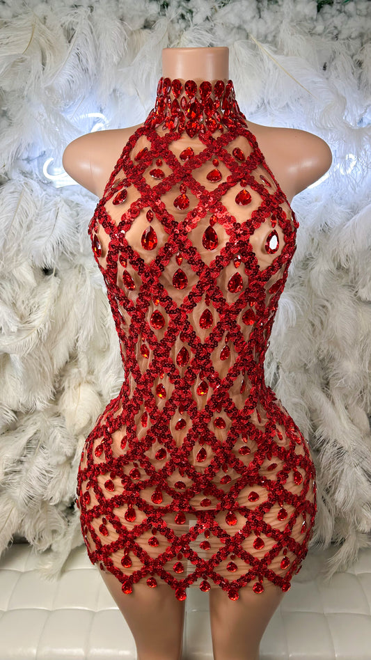 PREORDER ONLY Diamond Lifestyle Luxe Sequin Gem Mesh Dress-Red